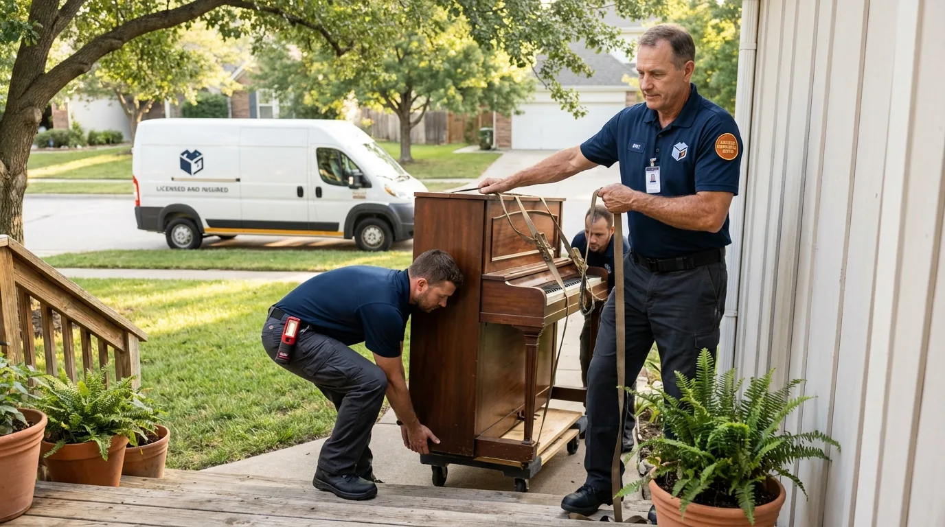 Licensed piano movers securing grand piano in Bellefonte, PA