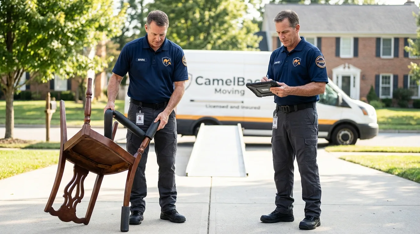 Movers inspecting furniture for damage prevention before loading in Bellefonte, PA
